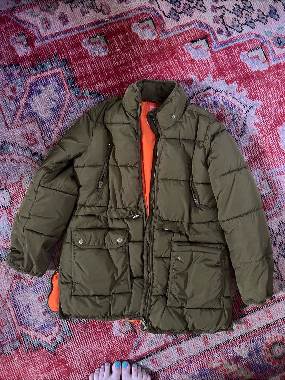 J. Crew Olive Green Puffer Jacket with Orange Lining